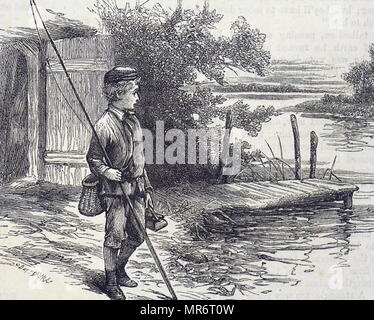 Gravure représentant un jeune garçon prêt à embarquer pour une journée de pêche. En date du 19e siècle Banque D'Images