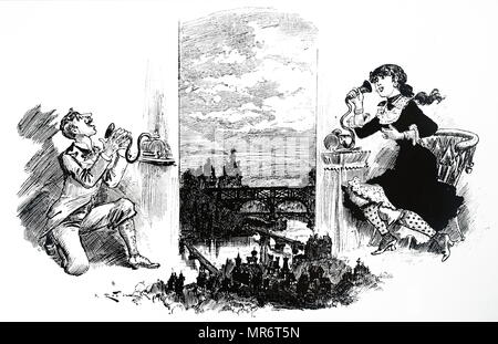 Caricature montrant la parade nuptiale entre un homme et une femme s'étant effectuée au téléphone. En date du 19e siècle Banque D'Images