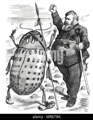 Cartoon commentant la crainte de propagation du Doryphore, qui a été un des principaux ravageurs des cultures de pommes de terre. En date du 19e siècle Banque D'Images