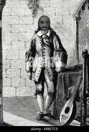 Gravure représentant l'homme au masque de fer, emprisonné sur l'Île Sainte Marguerite et la Bastille depuis 42 ans. En date du 19e siècle Banque D'Images