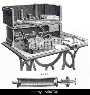 Gravure représentant Bell et Tainter's graphophone. Un enregistrement a été effectué en parlant dans une embouchure tout en tournant le cylindre de cire par un treadle, comme dans une machine à coudre. Avec une oreillette pièce jointe sur le stylet les cylindres pourrait être reproduit pour l'audio entrant. En date du 19e siècle Banque D'Images