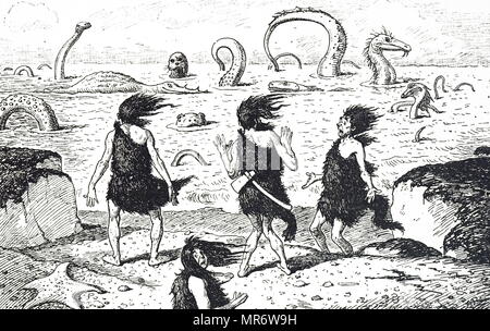 Caricature montrant les dinosaures voraces rôdant dans l'eau. En date du 19e siècle Banque D'Images