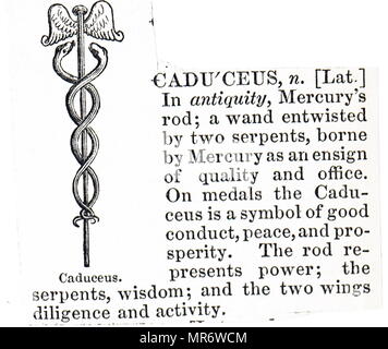 Gravure représentant le personnel d'Hermès, aussi connu sous le caducée, est le symbole traditionnel de l'Hermes et dispose de deux serpents qui s'enroulent autour d'un ailé souvent personnel. L'usage moderne de la caducée est comme un symbole de la médecine. En date du 19e siècle Banque D'Images