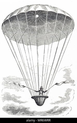 André-Jacques Garnerin gravure illustrant d'abord la descente en parachute en 1797. André-Jacques Garnerin (1769-1823) un aéronaute français et l'inventeur du parachute sans cadre. Il a été nommé aéronaute de France. En date du 19e siècle Banque D'Images