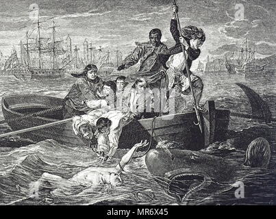Gravure illustrant la peinture intitulée 'Watson et le requin" un 1778 huile sur toile de John Singleton Copley, illustrant le sauvetage du garçon anglais Brook Watson d'une attaque de requin à La Havane, Cuba. John Singleton Copley (1738-1815) un peintre anglo-américaine. En date du 19e siècle Banque D'Images
