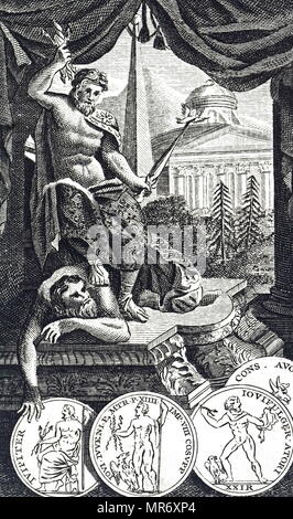 Gravure représentant Jupiter (ou Jove) la Cour suprême (Dieu romain Zeus des Grecs), fils de Saturne (Cronos Grec) qui c'est détrôner. Seigneur du ciel et de porteur de lumière- de la main droite il tient la foudre. En date du 18e siècle Banque D'Images