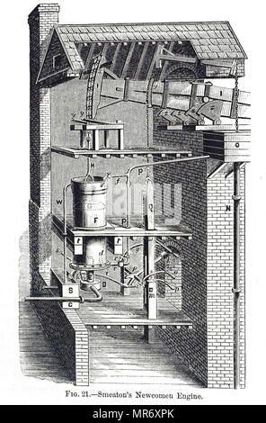 Gravure représentant smeaton's adaptation de la machine à vapeur atmosphérique Newcomen. La chaudière est en dehors de l'image à gauche, mais la culasse F est bien visible, comme c'est le récepteur E qui empêche l'eau froide à partir de la condensation de la vapeur d'entrer dans la chaudière. En date du 19e siècle Banque D'Images