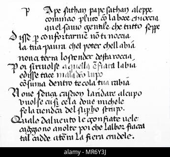 Fragment de Dante Alighieri's 'Divina Comedia". Inferno est la première partie du 14ème siècle, La Divine Comédie, poème épique suivie par Purgatorio et Paradiso. Dante Alighieri (1265-1321) un grand poète italien de la fin du Moyen Âge et au début de la Renaissance. En date du 14e siècle Banque D'Images