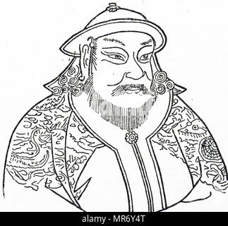 Gravure représentant Kublai Khan (1215-1294) La cinquième Khagan de l'Empire mongol, et fondateur de la dynastie Yuan en Chine. En date du 14e siècle Banque D'Images