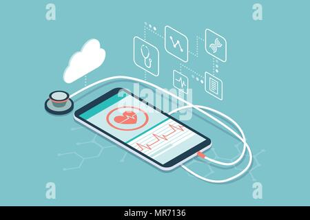 Stéthoscope numérique connecté à un smartphone et icônes : diagnostic médical innovant et technologie concept Illustration de Vecteur