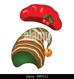 Un béret rouge et un chapeau à rayures isolé sur fond blanc. Cartoon Vector illustration close-up. Illustration de Vecteur