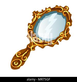 Vintage miroir dans un cadre d'or avec poignée isolé sur un fond blanc. Vector illustration. Illustration de Vecteur