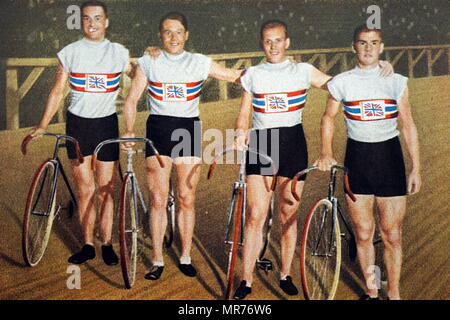 Photographie de la poursuite par équipe aux Jeux Olympiques de 1932. (De gauche à droite) Charles Holland (1908 - 1989), William Frank Southall (1904 - 1964), William Gladstone Harvell (1907 - 1985) et Ernest Alfred Johnson (1912 - 1997). Banque D'Images