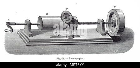 Gravure illustrant le premier phonographe Edison.. Le phonographe a été inventé en 1877, pour l'enregistrement et de reproduction mécanique du son par Thomas Edison. Thomas Edison (1847-1931), un inventeur américain et homme d'affaires. En date du 19e siècle Banque D'Images