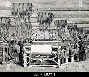 Gravure représentant un hangar de tissage équipé de métiers conduit, via les arbres, par des machines à vapeur. En date du 19e siècle Banque D'Images