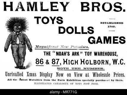 Publicité pour Hamleys Toy Shop. Hamleys est le plus ancien et le plus grand magasin de jouets au monde et l'un des détaillants les plus connus de jouets. Fondé par William Hamley comme 'l'arche de Noé' dans High Holborn, Londres, en 1760, il a déménagé à son emplacement actuel sur Regent Street en 1881. En date du 19e siècle Banque D'Images