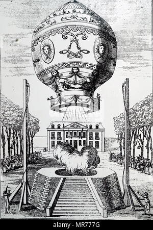 Gravure représentant le ballon Montgolfier faire son ascension au Château de la Muette. Inventé par Joseph-Michel Montgolfier (1740-1810) et Jacques-Étienne Montgolfier (1745-1799). En date du 18e siècle Banque D'Images