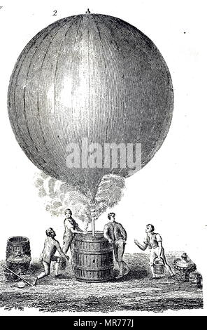 Gravure illustrant le Robert frères aidant le Professeur Jacques Charles remplir son ballon avec de l'hydrogène. Les frères Robert avait deux frères français. Anne-Jean Robert (1758-1820) et Nicolas-Louis Robert (1760-1820) ont été les ingénieurs qui ont construit le premier ballon à hydrogène pour le professeur Jacques Charles. Jacques Alexandre César Charles (1746-1823), un inventeur français, scientifique, mathématicien, et balloonist. En date du 19e siècle Banque D'Images