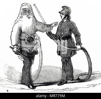 Gravure représentant un pompier à Londres uniforme standard (à droite) et l'une équipée de fumée preuve robe et tuyau de respiration. En date du 19e siècle Banque D'Images
