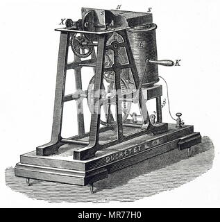 Gravure représentant Léon Foucault's machine pour produire un courant dans une plaque de cuivre C). Léon Foucault (1819-1868) Physicien français connu pour sa démonstration du pendule de Foucault, un appareil démontrant l'effet de la rotation de la Terre. En date du 19e siècle Banque D'Images
