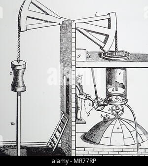 Gravure représentant Thomas Newcomen atmosphérique du moteur à vapeur, 1705. La chaudière est à un), et H), le piston est poussé par la vapeur jusqu'au cylindre ouvert C) : il descend en raison de la pression atmosphérique lorsque la vapeur dans le cylindre est refroidi et condensé par l'eau de citerne, G). Thomas Newcomen (1664-1729) l'inventeur anglais qui a créé la première machine à vapeur en 1712. En date du 19e siècle Banque D'Images