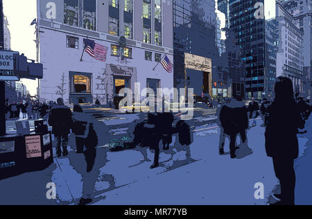 Cinquième Avenue et occupé par les piétons circulant, à l'E 57th Street avec Trump Tower à droite (rendu en PS, illustration), New York, NY, USA Banque D'Images