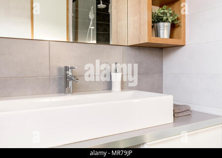 Gris et Blanc, salle de bains avec lavabo et miroir de comptoir Banque D'Images