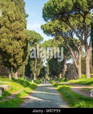 L'antique Via Appia Antica (Appia) sur un beau matin de printemps, à Rome. Banque D'Images