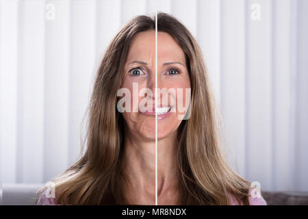 Close-up of young woman Showing triste et heureux d'émotions Banque D'Images