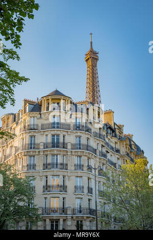 Paris typique immeuble dans la lumière dorée du coucher de soleil avec la Tour Eiffel en arrière-plan. Banque D'Images