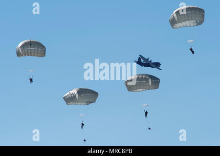 Parachutistes du 1er Bataillon, affecté au 501e Régiment d'infanterie de parachutistes d'infanterie, 4e Brigade Combat Team (Airborne), 25e Division d'infanterie de l'armée américaine, l'Alaska, descendre sur Malemute zone de chute après un saut de Nevada Air National Guard C-130H Hercules pendant l'entraînement à joint Base Elmendorf-Richardson, Alaska, le 13 avril 2017. Les soldats de 4/25 appartiennent à la seule brigade aéroportée américaine dans le Pacifique et sont formés pour exécuter les manœuvres dans les conditions climatiques extrêmement froides/environnements de haute altitude à l'appui de combattre, de partenariat et d'opérations de secours en cas de catastrophe. Banque D'Images