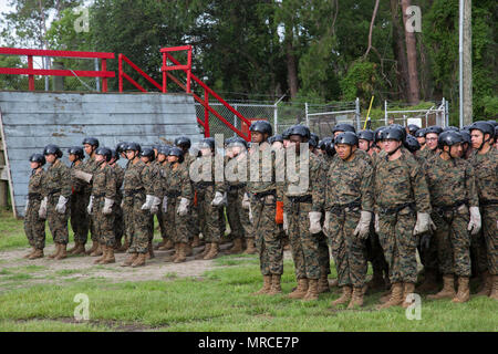 U.S. Marine Corps Ecr. Leigh Corey Williams, peloton 4026, Oscar Société, 4e bataillon, et ECR. Ryan Ritchy, peloton 3052, la Compagnie Mike, 3e Bataillon, Régiment d'entraînement des recrues, attendre pour descendre la tour de rappel Marine Corps Recruter Depot, Parris Island, S.C., le 6 juin 2017. Les deux recrues apprennent les techniques et rapide à la corde rappeling. (U.S. Marine Corps photo par le Cpl. Richard Currier/libérés) Banque D'Images