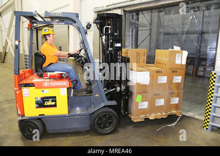 Technicien approvisionnement adjoint Tamra Meyer avec le Centre de préparation logistique Gestion de l'offre de séjour de l'Office (SSMO) utilise un chariot élévateur pour placer un envoi de nourriture en un grand refroidisseur stockage après un accouchement, 1 juin 2017, dans le bâtiment 490 à Fort McCoy, Wisconsin la SSMO, reçoit des ordres, et distribue des rations alimentaires et tous les aliments nécessaires pour chaque exercice à Fort McCoy ainsi que pour les unités de combat des week-end, prolongé, ou de formation annuel. Le personnel de la SSMO ordonne également rations, comme les repas, prêt à manger, grâce à l'Agence de Logistique de la défense et qu'ils ont terminé la série pour l'alimentation de la salle fa Banque D'Images