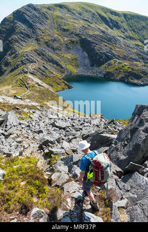 Walker mâle en ordre décroissant de Llyn Hywel et Y Lethr Rhinog Fach de la montagne, Pays de Galles, Royaume-Uni Banque D'Images