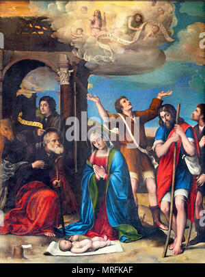 Parme, Italie - 16 avril 2018 : La renaissance peinture de nativité à Duomo par Giacomo et Giulio Francia (1519). Banque D'Images