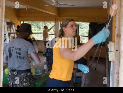 170614-N-MZ078-063 Galle, Sri Lanka (14 juin 2017) Le lieutenant Christina Appleman affecté à la classe Ticonderoga croiseur lance-missiles USS Lake Erie (CG 70) les peintures d'une classe dans l'école à l'appui de Nawodya Mallika d'aide humanitaire à la suite de graves inondations et glissements de terrain qui ont dévasté de nombreuses régions du pays. De fortes pluies récentes portées par une mousson de sud-ouest provoqué inondations et glissements de terrain dans tout le pays, le déplacement de milliers de personnes et causant des dommages importants aux habitations et bâtiments. (U.S. Photo par marine Spécialiste de la communication de masse de la classe de 3ème Banque D'Images