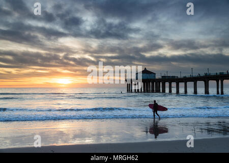 Un surfer entre dans l'océan, à côté de la Manhattan Beach Pier sur un jour nuageux, prête à se faire quelques vagues avant la nuit. Banque D'Images