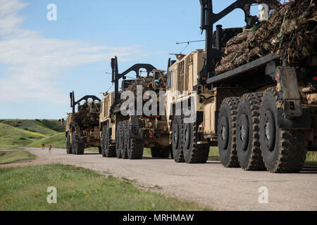 Les soldats de la 137e compagnie de transport, Kansas Army National Guard, l'étape le long d'une route pour décharger le bois à l'appui de l'opération pour le transport du bois de Coyote d'or, de l'exercice près de Red Shirt, S.D., 13 juin 2017. Le Coyote d'or l'exercice est un trois-phase, axée sur des mises en exercice mené dans les Black Hills du Dakota du Sud et le Wyoming, qui permet de se concentrer sur les commandants de mission besoins essentiels concernant la tâche, les tâches et les exercices de guerrier. Banque D'Images