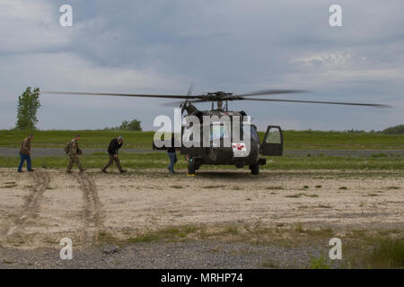 Visiteurs distingués, qui ont visité la 86e Infantry Brigade Combat Team (montagne) durant leur formation annuelle, bord d'un UH-60 Blackhawk de la Compagnie Charlie, 3e Bataillon, 126e Régiment d'aviation (Air Ambulance), Vermont, la Garde nationale à Fort Drum, N.Y., 15 juin 2017. Le Blackhawk volaient Vermont médias, les législateurs et les gardes d'avant en arrière du Vermont afin qu'ils puissent observer la 86e Infantry Brigade Combat Team (montagne) de la formation. (U.S. Photo de la Garde nationale par la CPS. Avery Cunningham) Banque D'Images