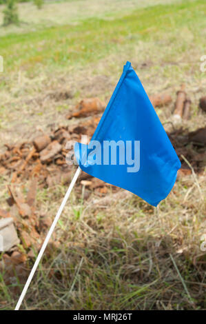 Drapeaux de couleurs différentes sont utilisées pour délimiter les zones qui ont été effacés de munitions non explosées et les domaines qui doivent encore être résolus sur le combat de Yavoriv Centre de formation sur le maintien de la paix internationale et la sécurité près de l'viv, Ukraine. Les opérations d'amélioration des parcours sont actuellement en cours pour effacer plusieurs domaines sur le comité directeur d'UXO. Quatre équipes de déminage civil, engagées par l'armée américaine dans le cadre du Programme conjoint de formation Group-Ukraine multinationales, travaillent en vue de l'objectif de la compensation 1 800 hectares d'UXO en 2018. (Photo de 1er lieutenant Kayla Christopher, 45e Brigade d'infanterie C Banque D'Images