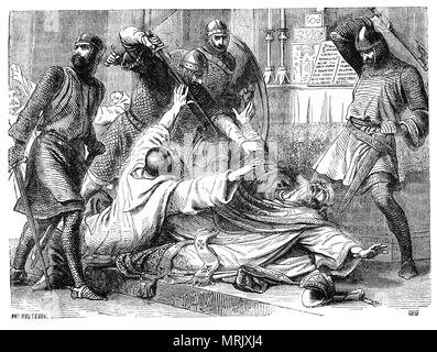 Le comportement hautain de Thomas Becket, l'archevêque de Canterbury au roi Henri II d'Angleterre a conduit à l'animosité quand le roi prononcer la phrase "ne me débarrasser un de ce prêtre turbulent ?'. Leur argument a culminé avec l'assassinat de Becket lorsque les chevaliers d'Henry II est arrivé à Canterbury dans l'après-midi du 29 décembre 1170 et a immédiatement cherché de Thomas Becket. L'archevêque s'enfuit vers la cathédrale où un service est en cours. Les chevaliers l'a trouvé à l'autel, a appelé leurs épées et a commencé à leur victime de piratage enfin partager son crâne. Banque D'Images