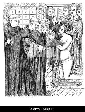 Après le meurtre de Thomas Becket's par les chevaliers d'Henry II à Cantorbéry au cours de l'après-midi du 29 décembre 1170, le roi effectue un acte public de la pénitence, le 12 juillet 1174 à Canterbury, lorsqu'il a publiquement avoué ses péchés, puis admis chaque évêque présent, y compris Foliot, à lui donner cinq coups de tige, puis chacun des 80 moines de la Cathédrale de Canterbury donna au roi trois coups. Le roi a ensuite offert des cadeaux à Becket's Shrine et passé une veillée à Becket's Tomb. Banque D'Images