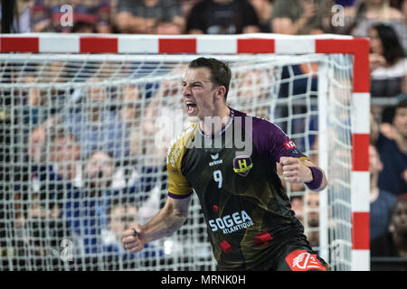 27 mai 2018, l'Allemagne, Cologne : finale de la Ligue des champions de handball, HBC Nantes vs Montpellier HB à la Lanxess Arena : Dominik Klein de Nantes les gestes. Photo : Federico Gambarini/dpa Banque D'Images