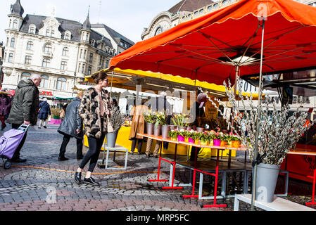 Parmi les personnes qui s'y cale en place du marché ou place du marché, la place principale de la ville de Bâle avec un marché alimentaire. Banque D'Images