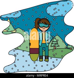 Fille de couleur avec le ski board à l'hiver La météo Illustration de Vecteur