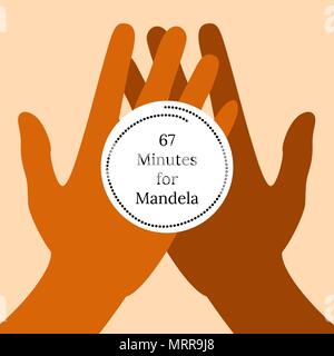 Journée internationale Nelson Mandela. 18 juillet. Le concept d'une maison de vacances politiques. 67 minutes pour Mandela. Mains tiennent une horloge stylisée. Illustration de Vecteur