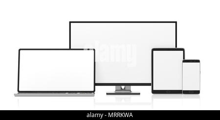 Ensemble de moniteurs vierge réalistes, adaptés aux besoins de conception. Moniteur d'ordinateur, ordinateur portable, tablette et smartphone isolé sur fond blanc, copie de l'espace. Illus 3d Banque D'Images