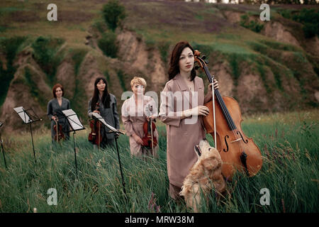 Femme encore de quartet avec trois violons et un violoncelle se prépare à jouer à la floraison meadow contre fond de paysage pittoresque à côté du chien. Banque D'Images