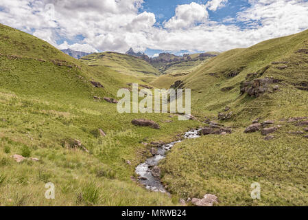 Vue depuis le sentier de randonnée de trois piscines jardin au château dans le Drakensberg. Pic de Rhino (3056m) est visible dans l'arrière Banque D'Images