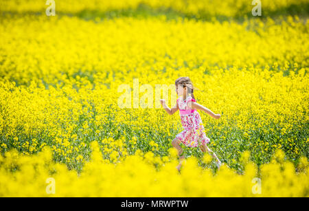 Maja-Isobel Lawson joue dans un champ de fleurs jaunes près de Bretton, dans le Yorkshire, comme une vague de chaleur frappe certaines parties du Royaume-Uni. Banque D'Images